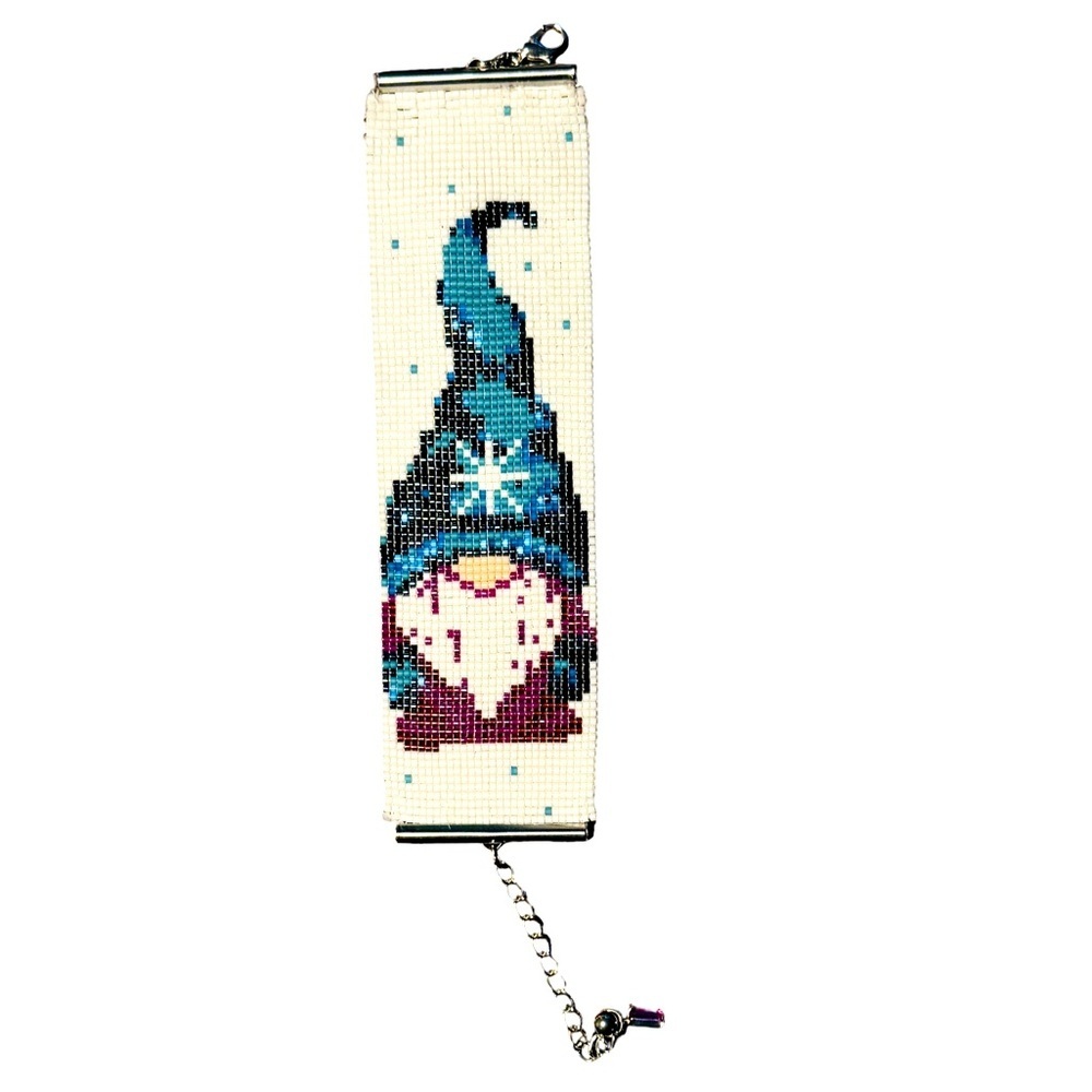Hand crafted beaded loom cuff winter gnome bracelet adjustable 7” to 9”